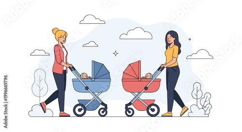 Two mothers or nannies walking together in a park with their infants in blue and red baby strollers on a cloudy day.