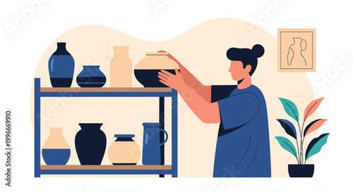 Female artisan arranging various ceramic pots and vases on a wooden shelf in a pottery studio interior with a houseplant.