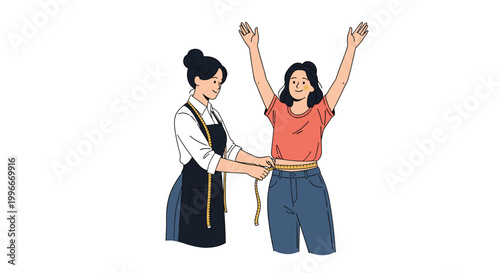 Professional tailor measuring a woman's waist with a yellow tape measure while she raises her arms during a fitting session.