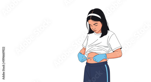 Young girl wearing medical gloves cautiously administering a subcutaneous medical injection into her abdomen at home.