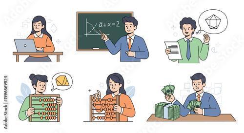 Diverse set of characters including a teacher, mathematician, student, and accountant engaged in various professional activities.
