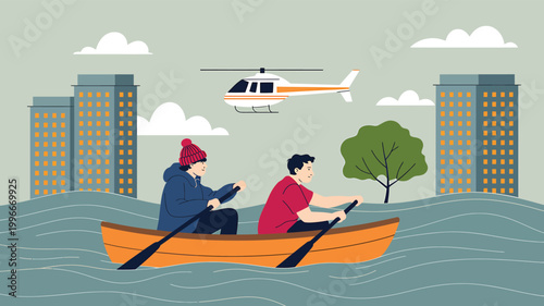 People in boat during flood with helicopter and city buildings with air rescue, natural