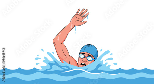 Male swimmer wearing a blue swim cap and goggles performing freestyle stroke in blue water during a competition or training.