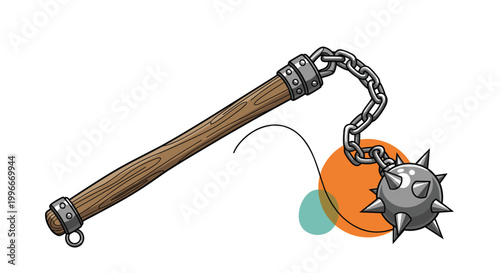 Traditional medieval flail weapon with a spiked iron ball on a chain attached to a wooden handle against a plain background.
