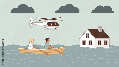 People in boat rescued by helicopter during flood with submerged house with natural