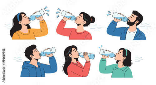 Set of six diverse men and women staying hydrated by drinking water from clear plastic bottles in a clean flat vector style.