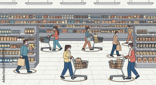 Shoppers wearing masks and maintaining social distancing while buying groceries in a large supermarket aisle with many shelves.