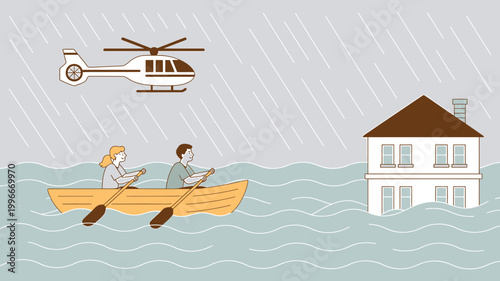 People in boat during heavy rain and flood, helicopter watches over
