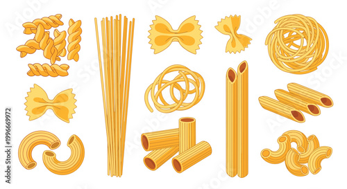 Comprehensive collection of different Italian pasta varieties including spaghetti, penne, fusilli, farfalle, and macaroni.