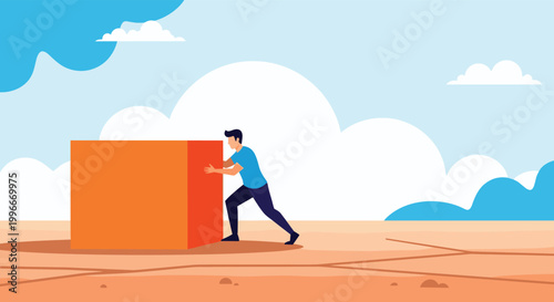 Man in a blue t-shirt and dark pants exerting great effort to push a giant orange cube across a dry desert landscape.