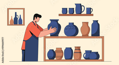 Male potter in a blue apron organizing various blue and brown ceramic vessels on wooden shelves in a craft workshop studio.