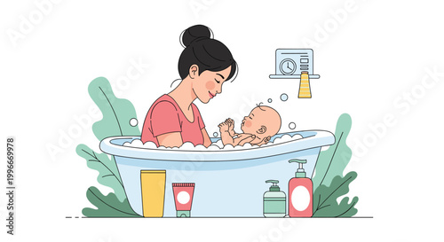 Caring mother gently bathing her baby in a white bathtub filled with soap bubbles and various bath products in a cozy room.