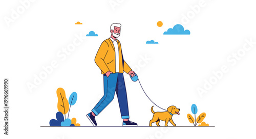Happy elderly man with grey hair walking his small brown dog on a blue leash in a sunny park with clouds and sky background.