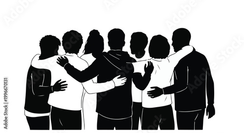 Diverse group of friends embracing, symbolizing unity and support in a modern, abstract style.