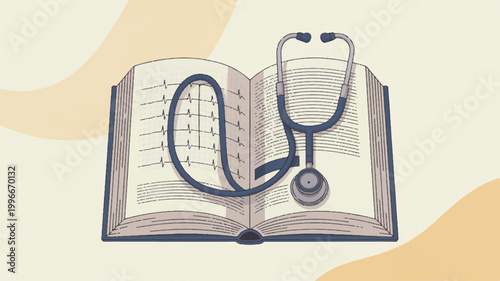 Medical book with stethoscope on top for health education and learning