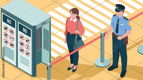 Security checkpoint at airport with woman and 1 guard by scanner isometric vector design