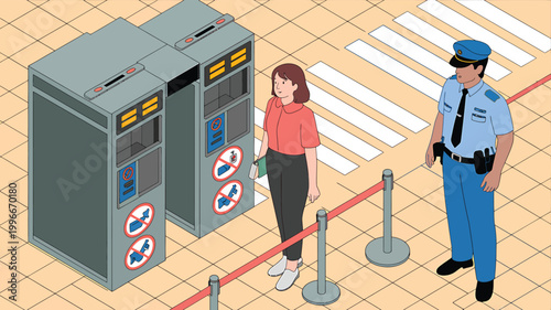 Woman at security checkpoint with 1 guard standing near entrance gate, isometric