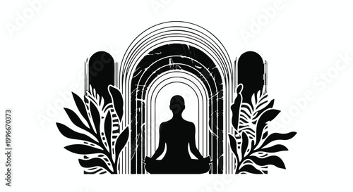 Serene silhouette meditating in a tranquil arched sanctuary surrounded by foliage, symbolizing inner peace and mindfulness.