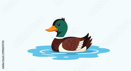 A cartoon duck swims in blue water