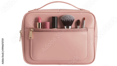 Pink leather makeup bag with cosmetics and brushes