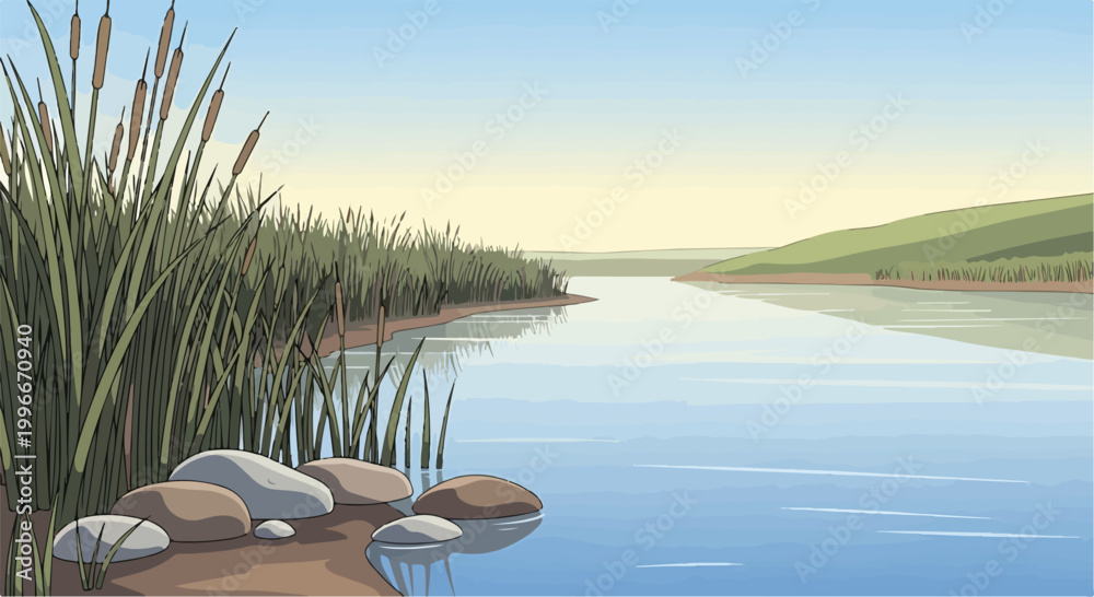 Obraz premium A serene riverbank scene with cattails and rocks