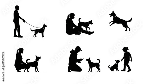 Dog and people silhouette vector set with interaction poses black flat icons isolated on white background