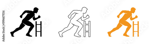 Orange silhouette of a running man climbing a ladder against a black background