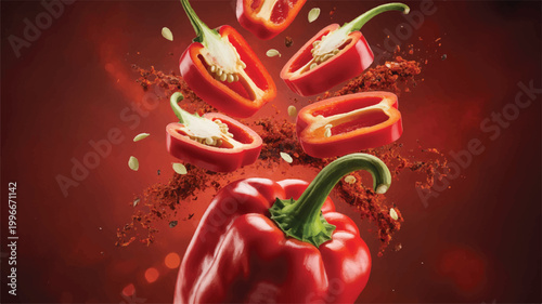 Red bell pepper exploding into slices with seeds and powder flying