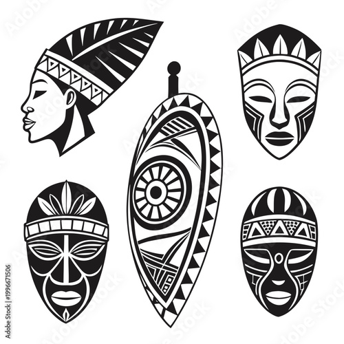 a collection of tribal masks and a feathered headdress Vector