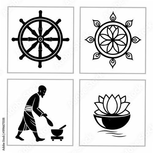 buddhist symbols and a person meditating or working Vector