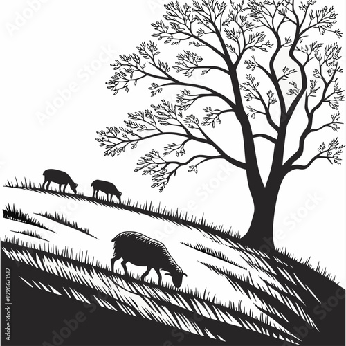 a black and white illustration of sheep grazing under a tree on a hillside Vector