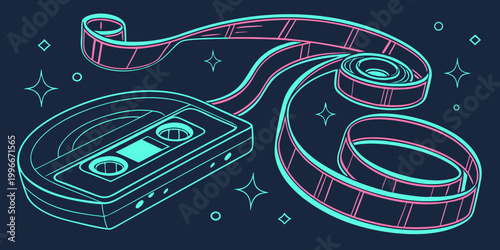 a neon lit cassette tape and telephone Vector