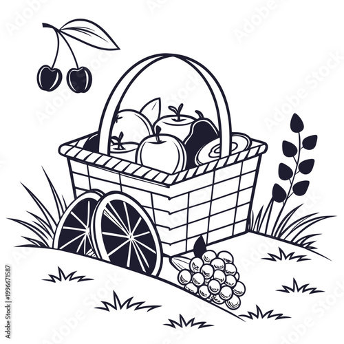 a wicker basket filled with fruit and vegetables Vector
