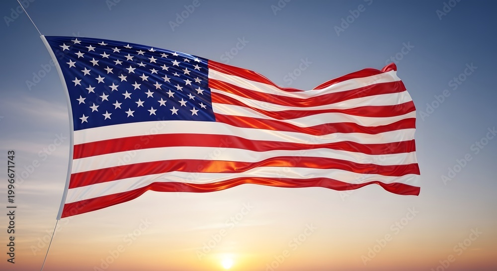 Fototapeta premium American flag waving in the wind at sunset with a clear blue and orange sky