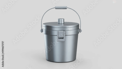 Silver metal bucket with lid and handle for carrying liquids or solids