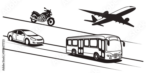 a bus car motorcycle and airplane on separate roads Vector