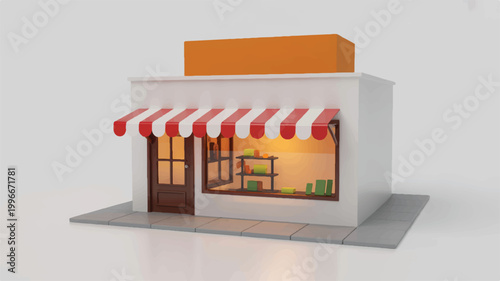 small shop with striped awning and orange box on roof