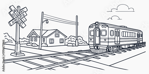 a train is traveling down the tracks next to a house Vector