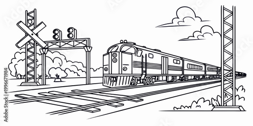 a train is traveling down the tracks near a rural station Vector