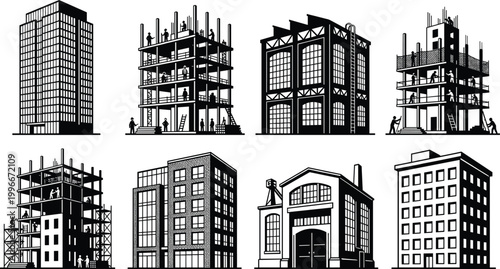Set of building construction icons including skyscrapers apartment blocks factory warehouses and houses under development with workers for architectural urban planning