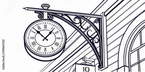 a large analog clock mounted on a metal structure Vector