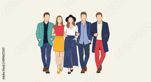 Fotografie A group of five people walking together in colorful outfits