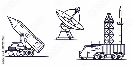 a set of missile launch vehicles and satellite dish Vector