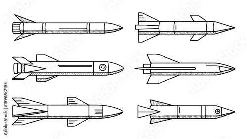 Various missile designs and shapes for military and aerospace applications are shown