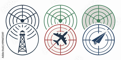 radar targets with airplane helicopter and tower Vector
