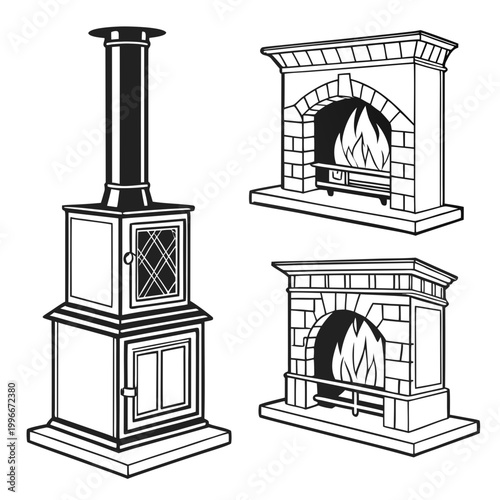 a wood burning stove and two fireplace inserts with brick surrounds Vector