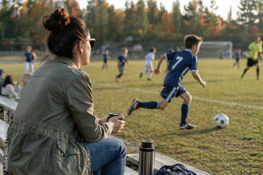 Fototapeta premium Single mother watching her son playing soccer from the sidelines. Real lifestyle moment showing support, pride and everyday parenting in an outdoor sports environment with natural light.