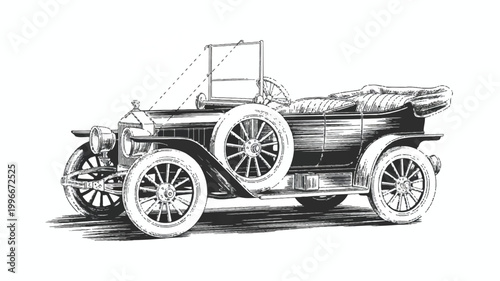 Vintage convertible car with open top and classic wheels on plain white surface