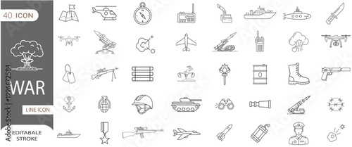 Military war theme icon set featuring weapons and equipment eps 10