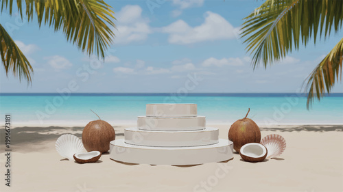 White podium on sandy beach with coconuts and seashells under palm trees